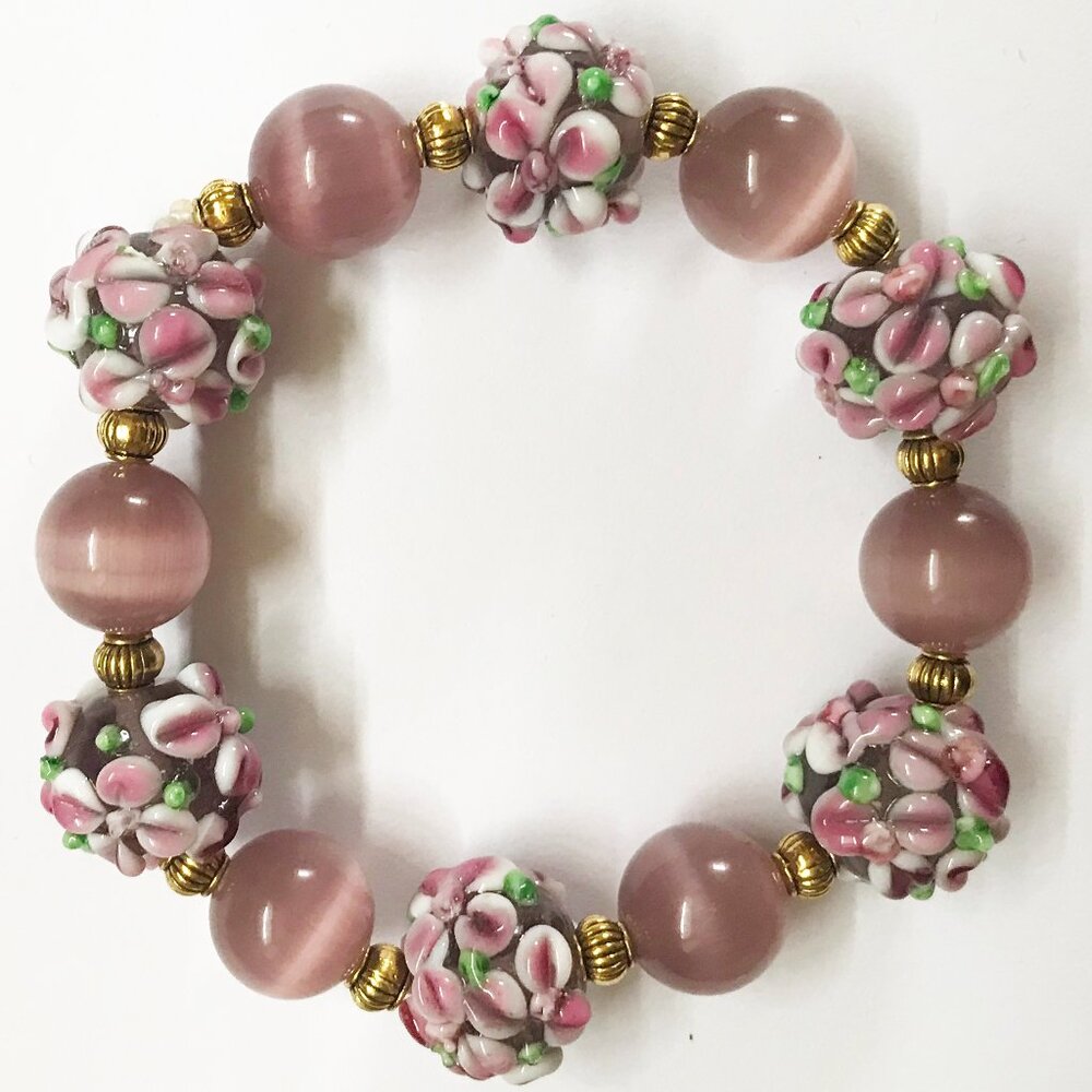 Handmade Murano Pink Floral Art Glass & Cat's Eye Stone Stretch Bracelet